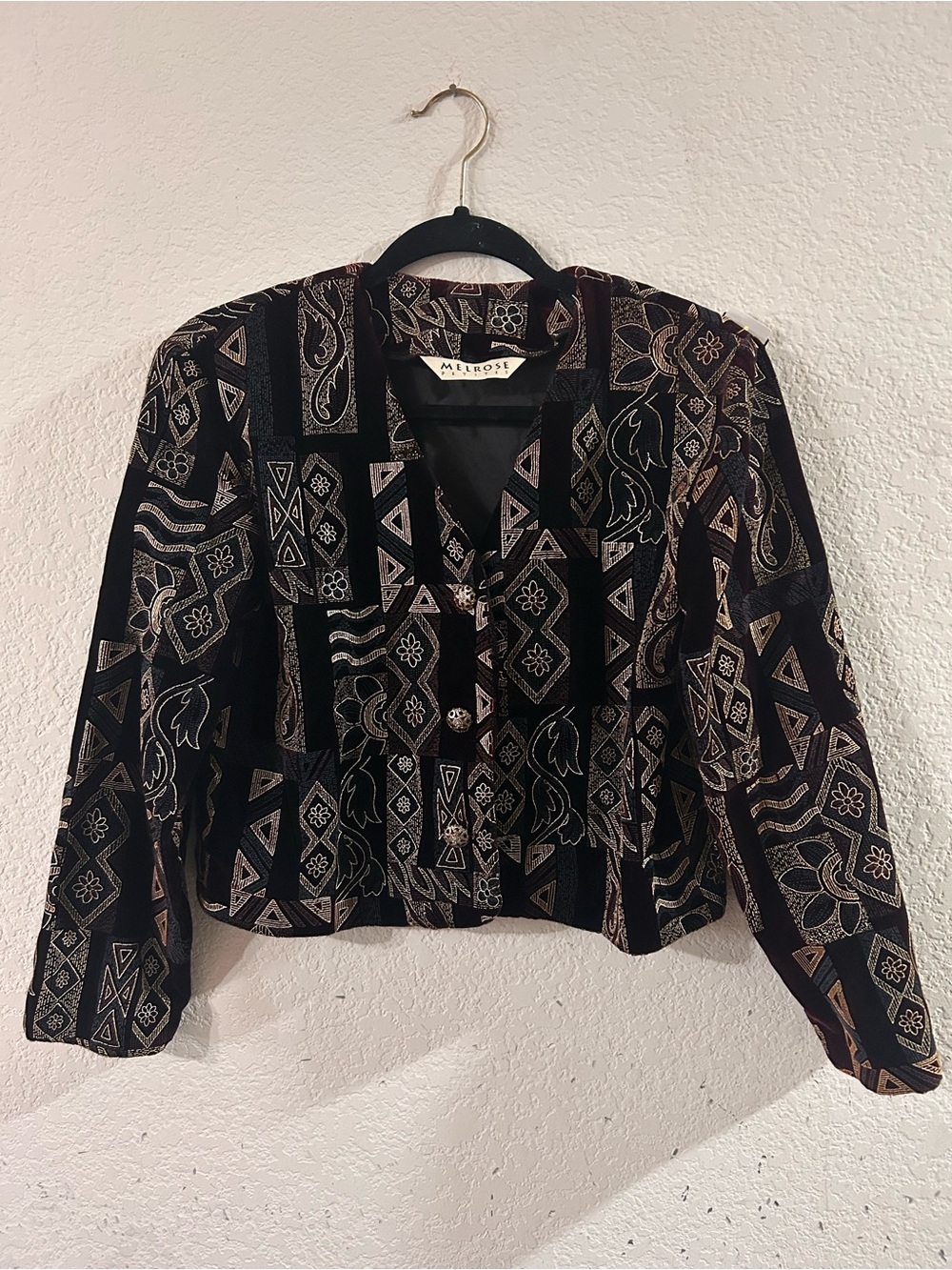 Black Velvet Patterned Cropped Blazer